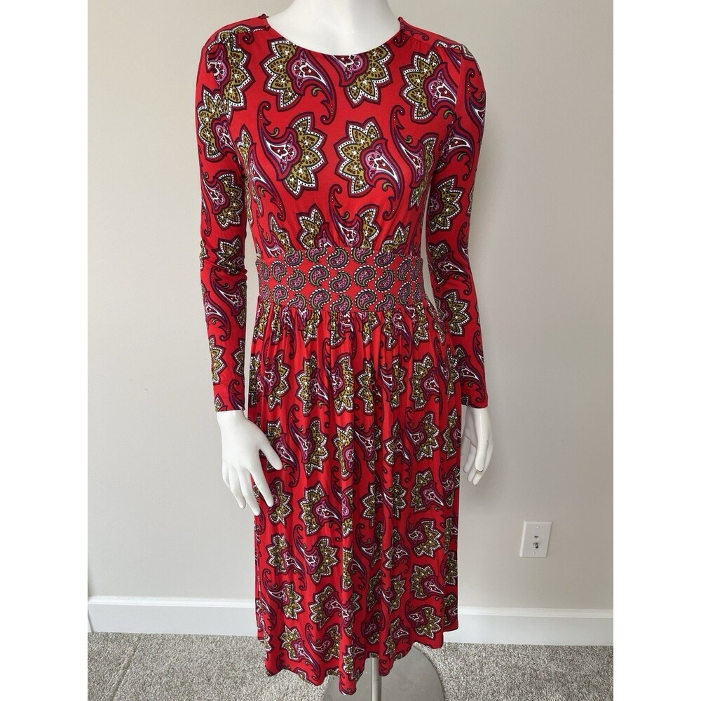 BODEN Thea Long Sleeves Jersey Knit Midi Dress Stretchy US 4P Red Paisley - Picture 2 of 13